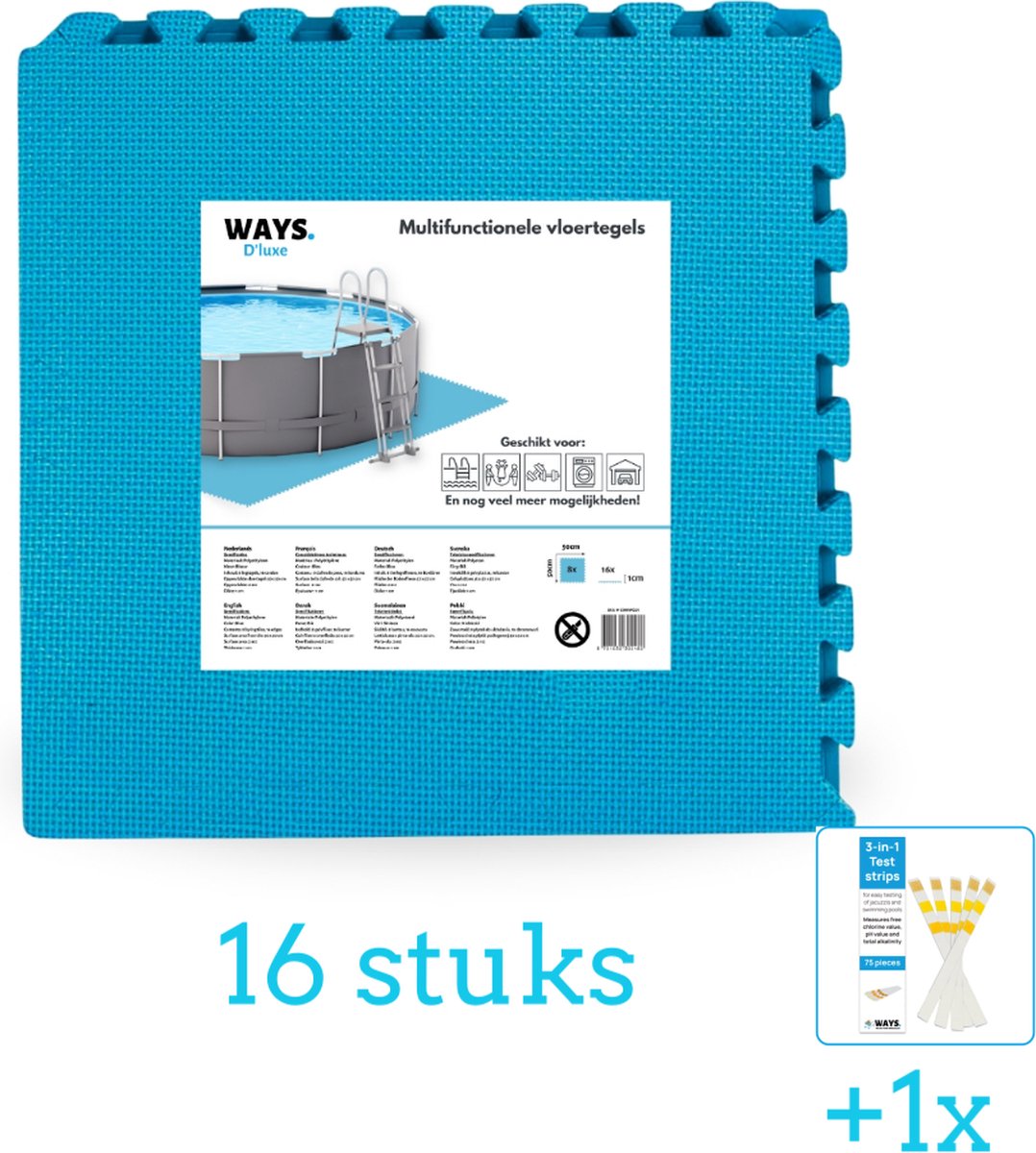 WAYS Dluxe - Multifunctionele ondertegel - Blauw - (8 stuks per verpakking) - 16 stuks - Voordeelverpakking - Inclusief WAYS Testrips (1 stuks)